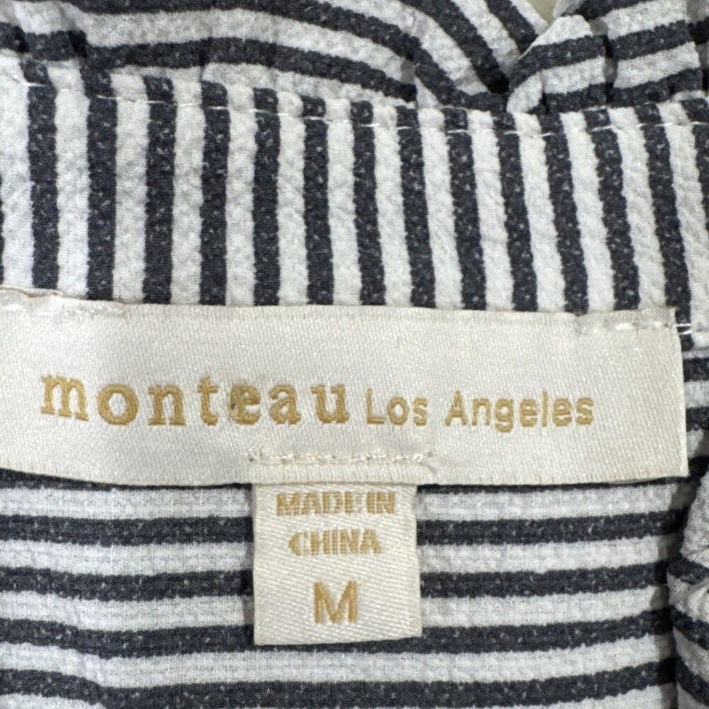 Monteau Dress M Blue White Pinstripe Belt V-Neck Knee Length Lightweight Tiered - Picture 5 of 10